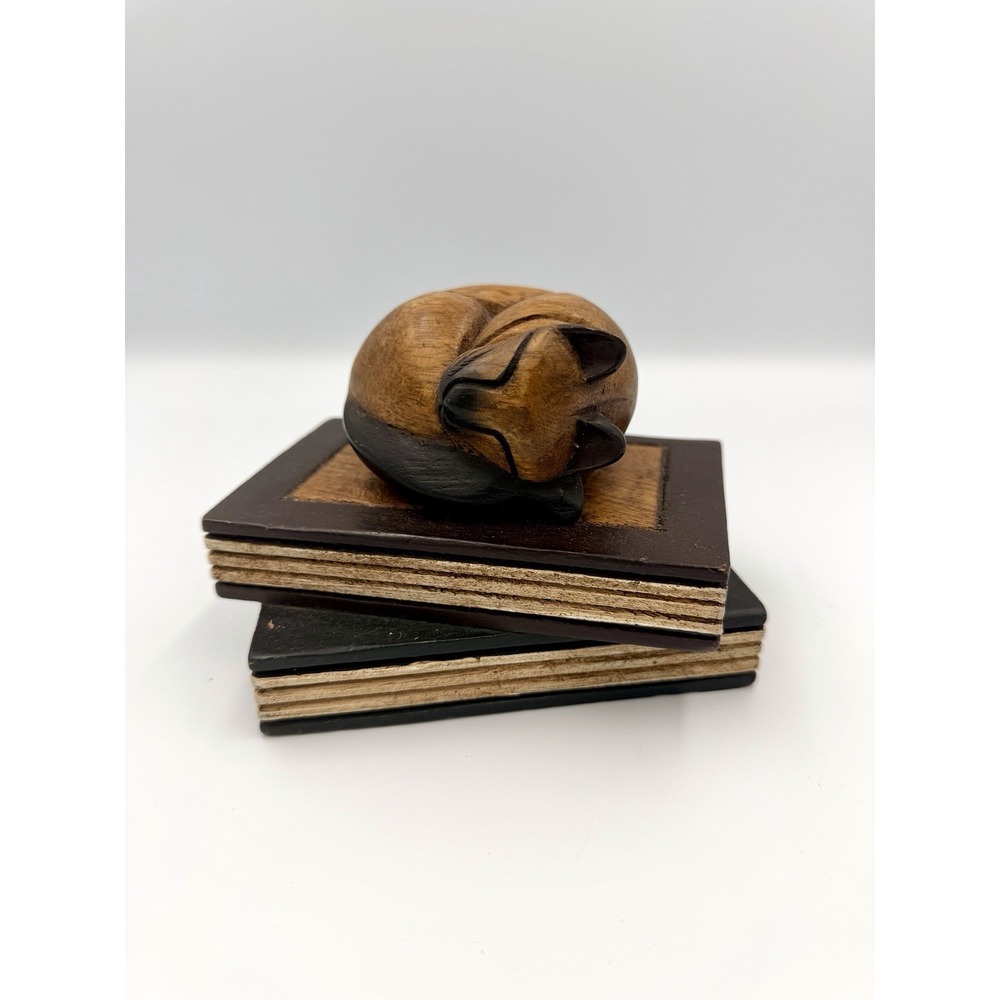 Vintage Carved Wood Cat Sleeping on Books Statue Figurine 5" W 3.75" T